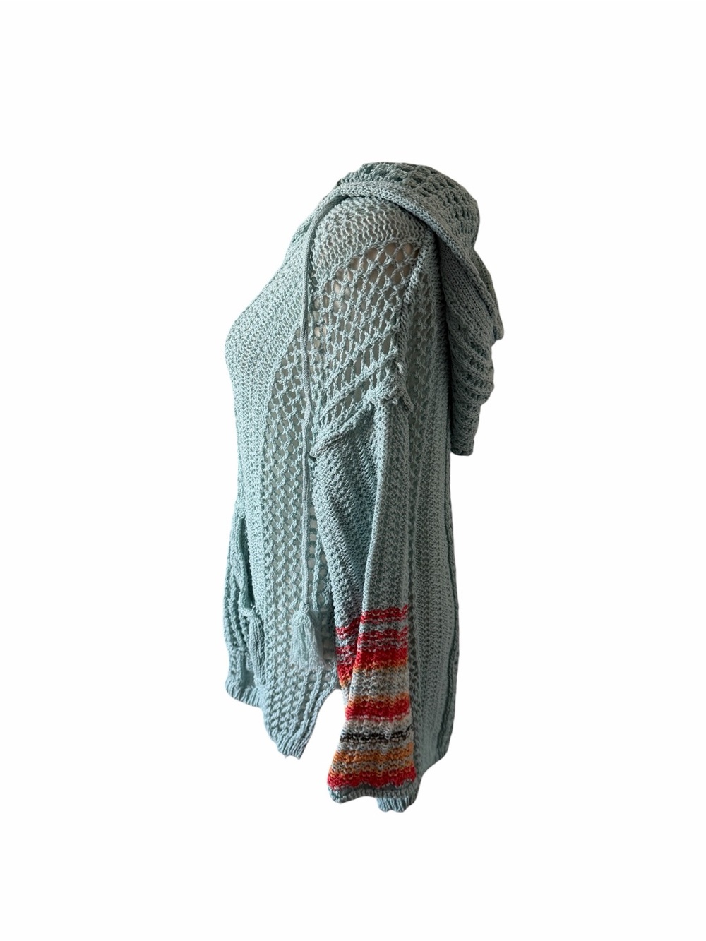 POL Mint Green Knit Hoodie Sweater with Multicolor Striped Cuffs - Picture 3 of 5